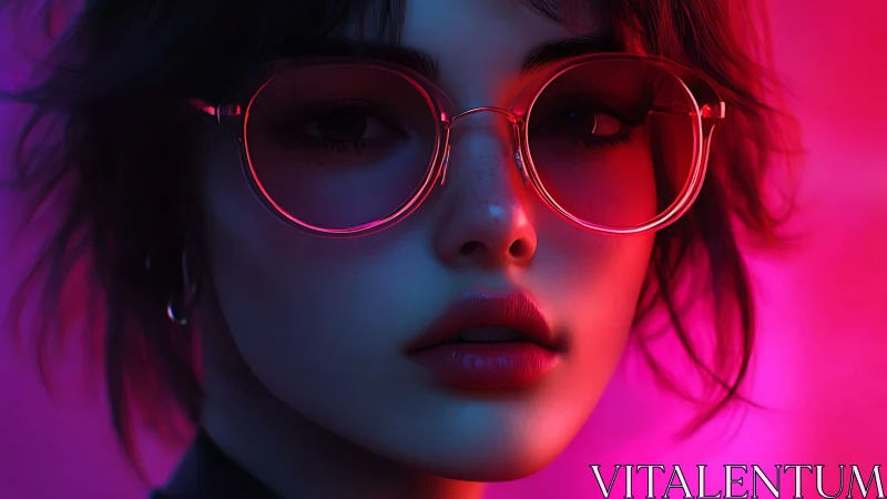 Neon-gradient portrait with reflective round eyewear rendering.