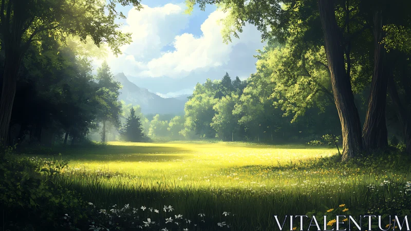 Sunlit forest meadow with soft atmospheric depth rendering.