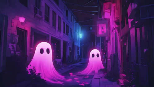 Friendly neon ghosts share a quiet stroll down a city alley