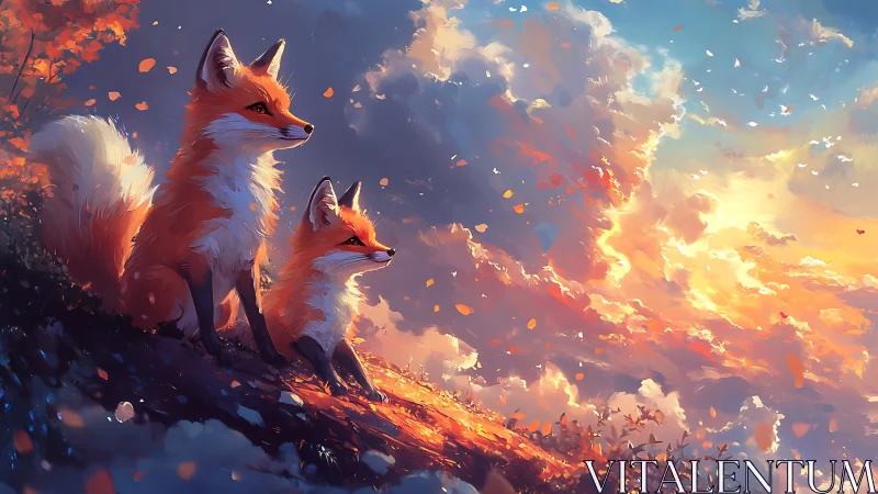 Fox pair gazing over painterly sunset sky and leaves.