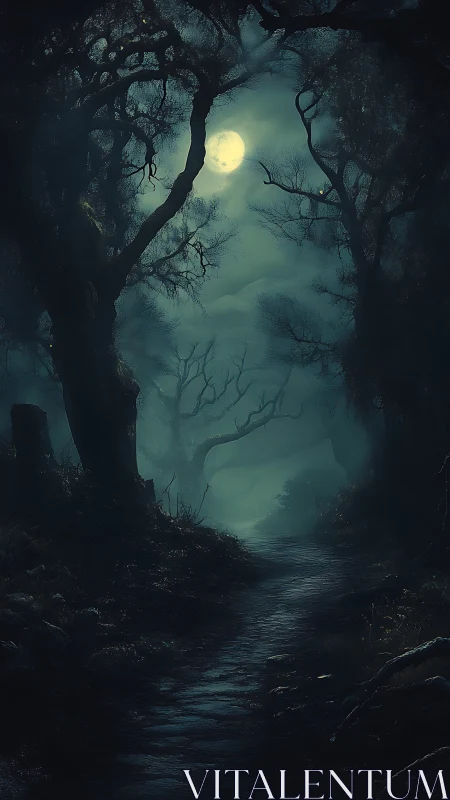 Digital painting of a moonlit haunted forest path composition.