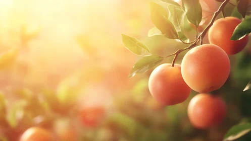 Backlit orchard peaches with shallow depth-of-field rendering.