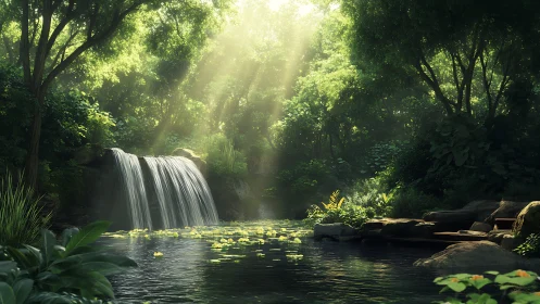 Waterfall in dense forest with sunlight streaming through canopy