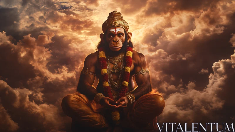 Divine monkey warrior meditates within radiant storm clouds