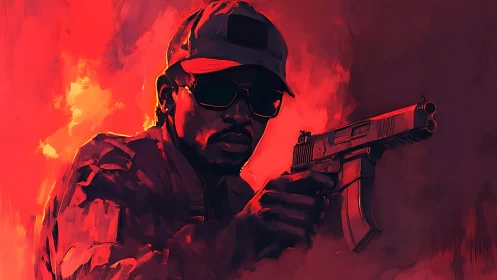 Armed figure in red-lit haze holds pistol with tense focus