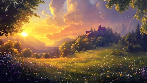 Golden sunset meadow embracing a distant hilltop home.