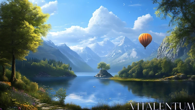 Hot air balloon over crystal lake and snowy peaks.