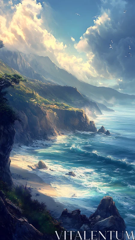 Sunlit cliffs and rolling waves along a quiet dream coast.