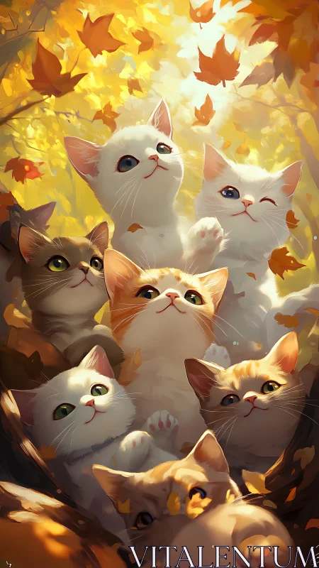 Six Expressive Cats in Autumn Leaves