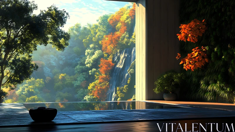 Zen pool pavilion overlooks sunlit waterfall valley