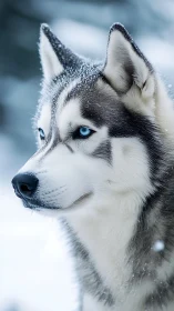 Husky with blue eyes standing alert in a winter landscape.