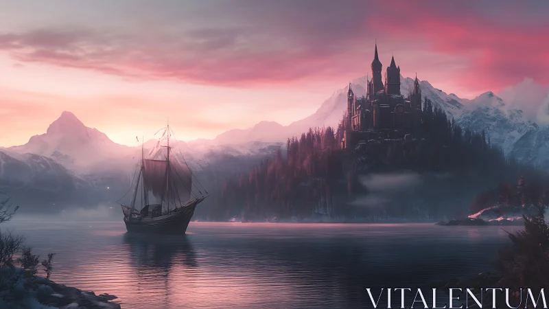 Sailing ship drifts toward a misty castle at rose dawn