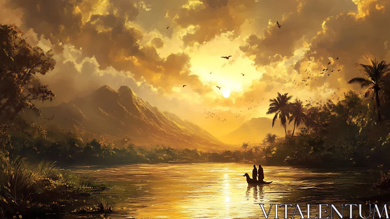 River boat under golden sunset amid distant mountains.