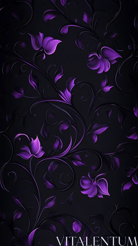 Neon purple floral vines with ornate swirls on black background.