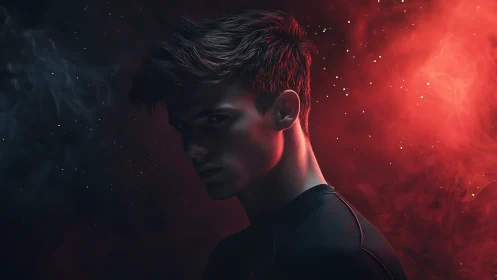 Midnight portrait in red nebula glow and soft starlight haze.