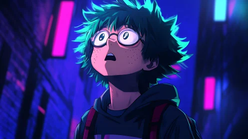 Neon lit alleyway portrait of stunned boy in high contrast anime