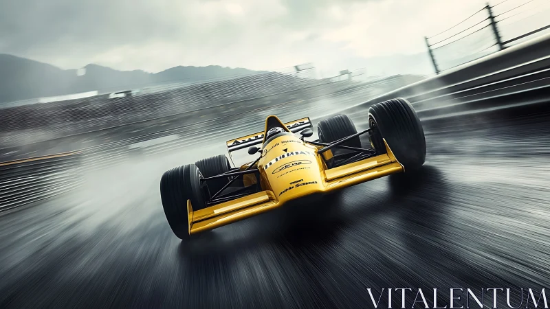 Rain-slashed racetrack roars under a yellow formula rocket.