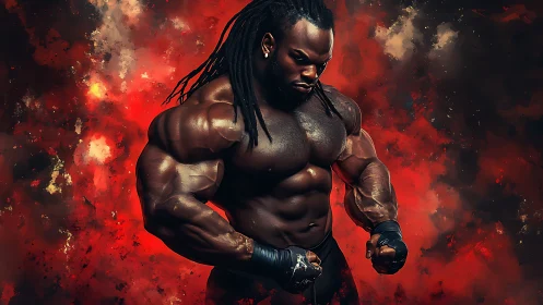 Powerful bodybuilder framed by bold red energy bursts.