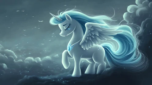Gentle winged unicorn wandering softly through moonlit clouds.