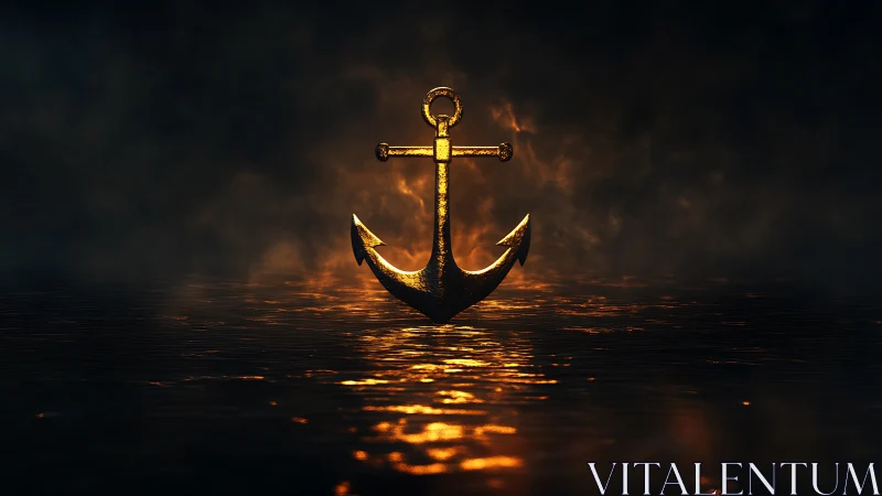 Golden anchor suspended above dark reflective water.