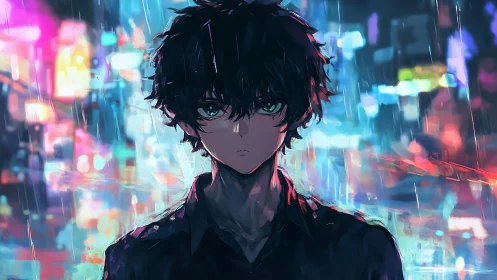 Brooding anime boy in neon city rain at night.