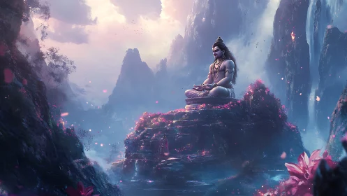 Meditating deity on mountain altar in glowing misty valley.