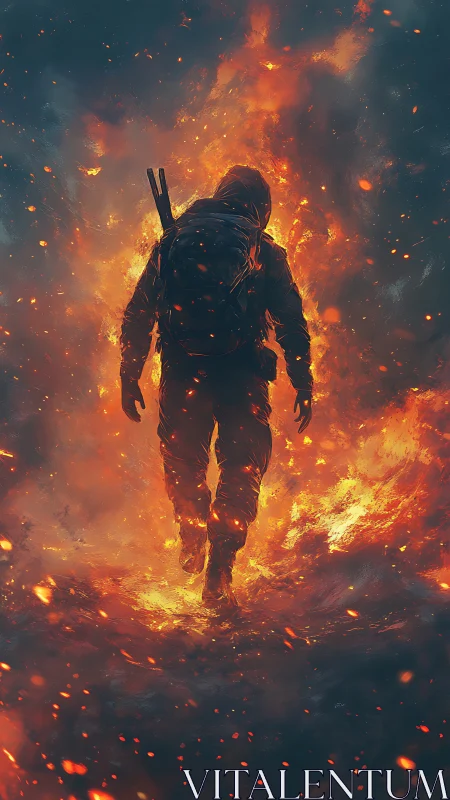 Backlit combat silhouette traversing infernal particulate field.