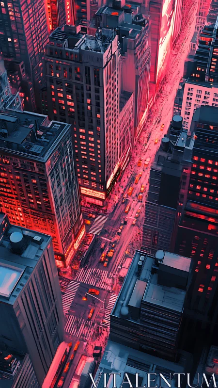 Neon city canyon glows over crowded night avenues.