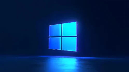 Windows logo glowing in futuristic 3D digital style on dark background.