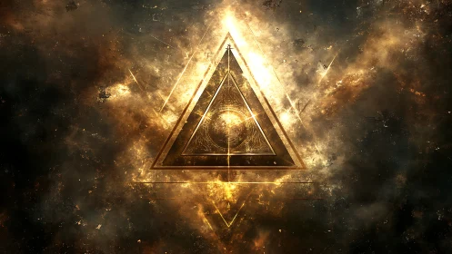 Celestial golden triangle sigil radiating cosmic energy.