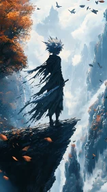 Lone cloaked swordsman surveys misty canyon from cliff edge.