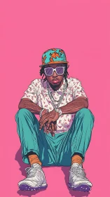 Stylish seated man in colorful streetwear on pink backdrop.