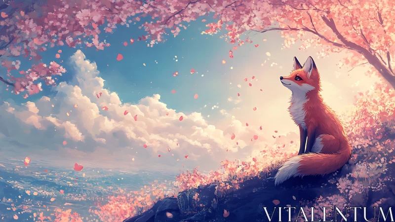 Digital fox illustration depicts seated animal under blossoms