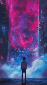 Young dreamer gazes into a swirling neon cosmic gateway