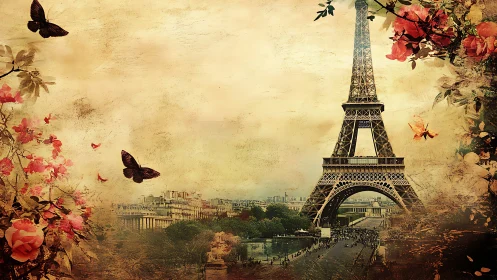 Romantic Eiffel Tower scene with roses and butterflies.