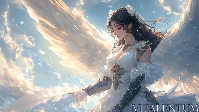 Gentle skyborn guardian resting within sunlit clouds.