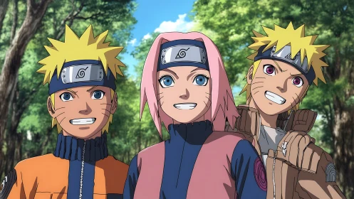 Three anime ninja characters standing in forest setting.