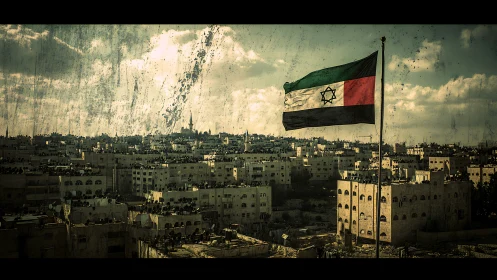 Weathered hybrid flag flies over dense Middle East city.