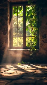 Sunlit stone interior window with climbing green foliage
