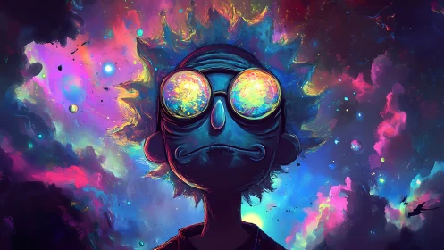 Cosmic dreamer portrait with neon galaxy reflections.