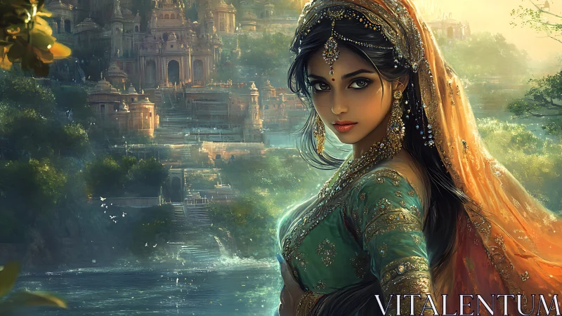 Regal woman in jeweled sari before misty riverside citadel.