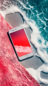 Smartphone rests on vivid shoreline with mirrored surf