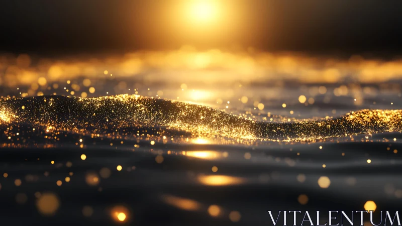 Golden sunset sparkles on tranquil water, dreamy abstract style.