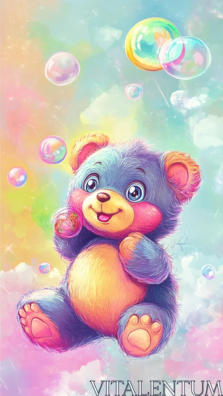 Bubble-bright teddy drifts through pastel-swirled daydream skies