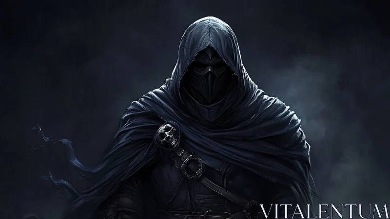 Shadowed hooded wanderer wrapped in swirling midnight cloth.
