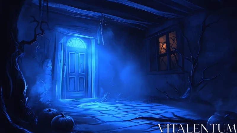 Blue-lit porch with pumpkins and closed front door at night.