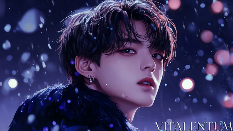 Digital painting portrait in nocturnal bokeh snowfall ambiance.