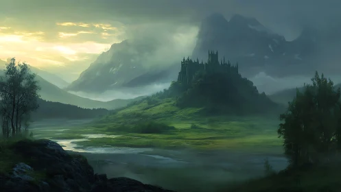 Mist-draped citadel listens to mountains breathing at dawn
