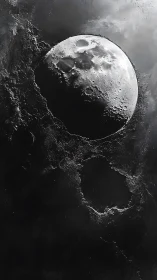 Craters on a luminous moon float in stark cosmic shadow
