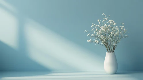 White Flowers in Ceramic Vase Against Blue Wall.